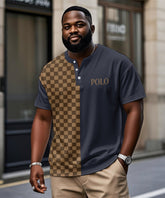 Men's Plus Size Daily Casual Blue Stitching Brown Plaid Letter Print Henry Collar Button Short Sleeve T-Shirt